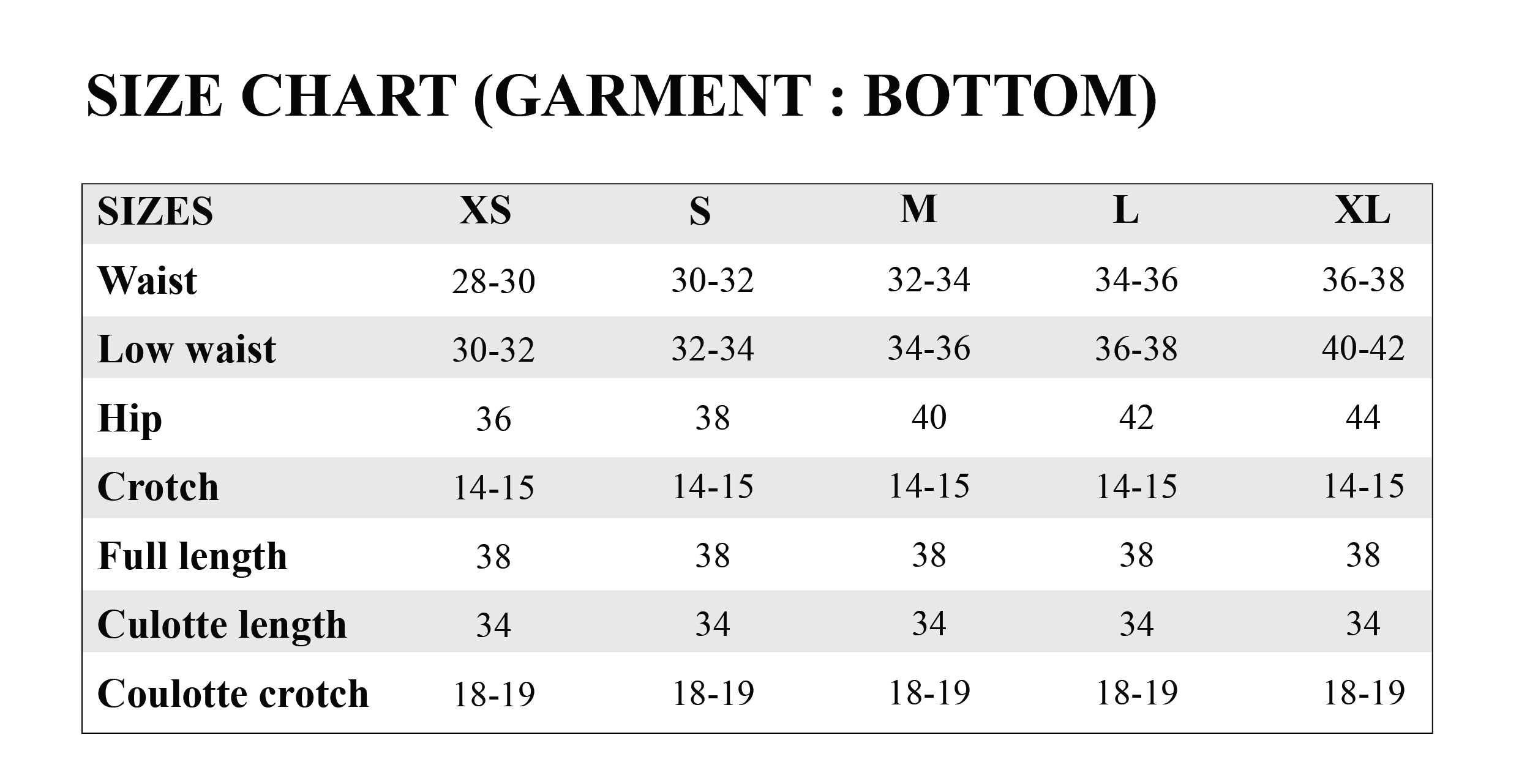 Bottom Size Chart